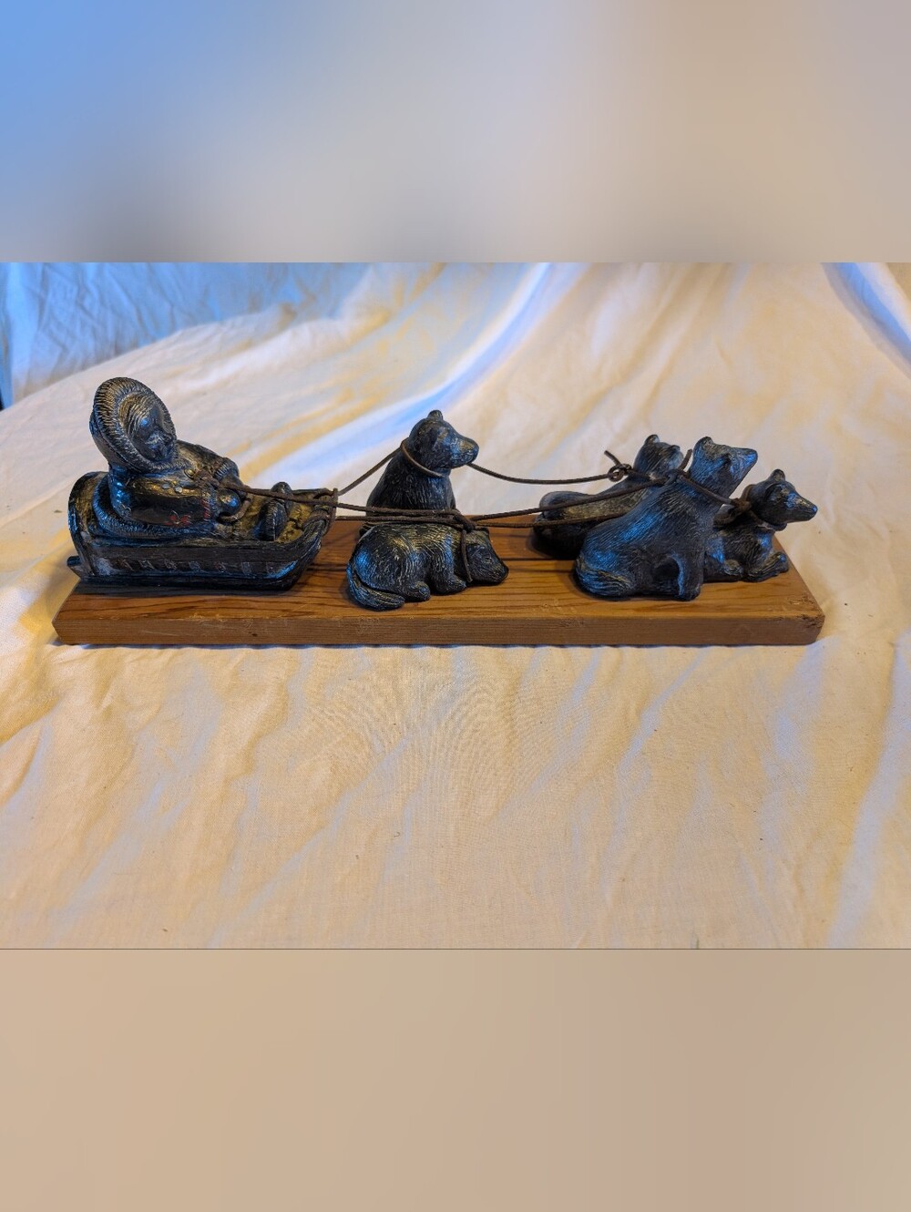 2/140$ Vintage soapstone Black dog Sled Team Sculpture on wood base
